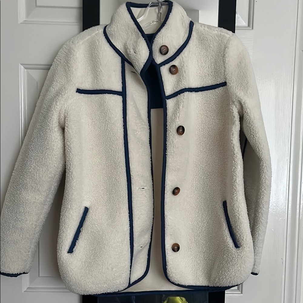 Women's Cream Teddy Jacket with Navy Accents